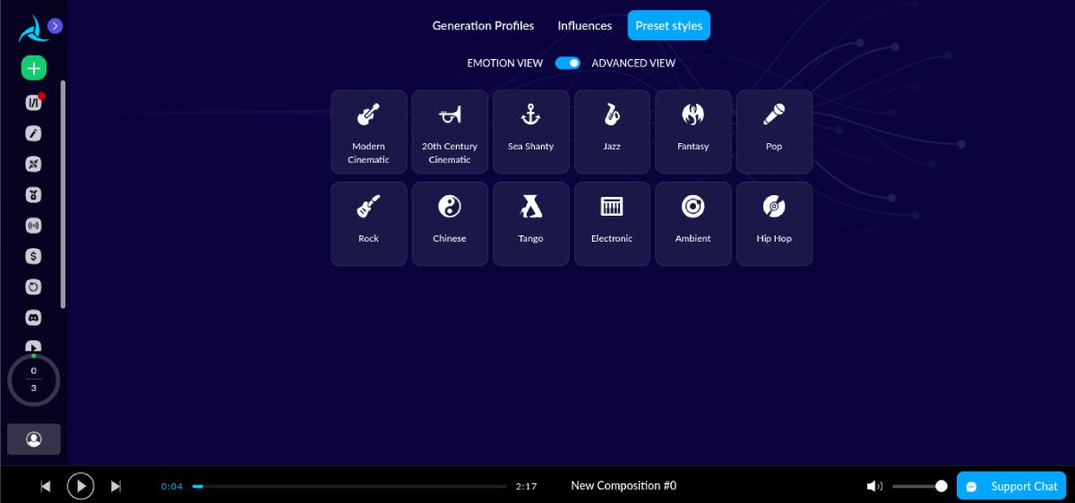 User interface of AIVA AI music generator