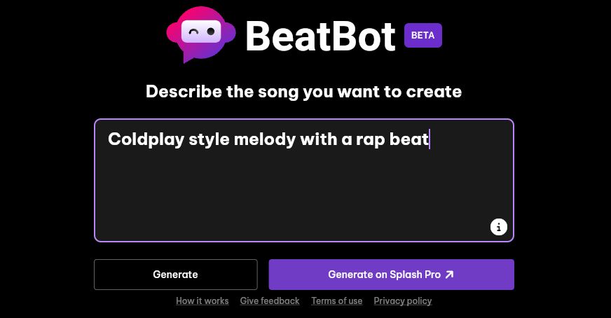 User interface of BeatBot AI text-to-music generator