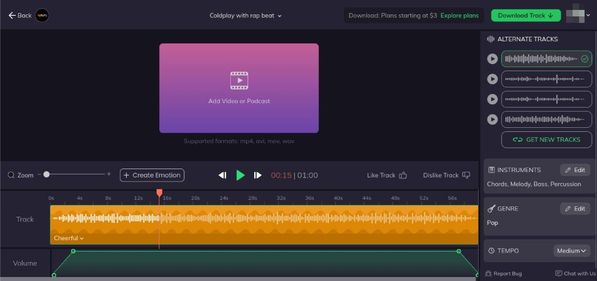 User interface of Beatoven AI text-to-music generator