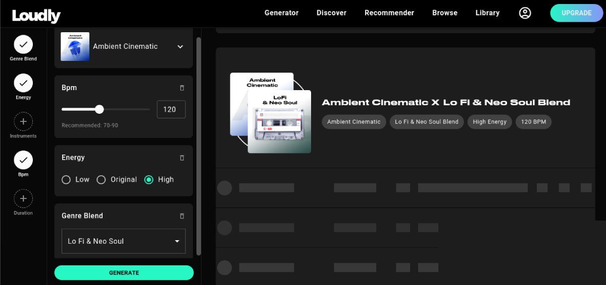 User interface of Loudly AI music generator