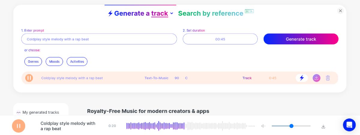User interface of Mubert AI text-to-music generator