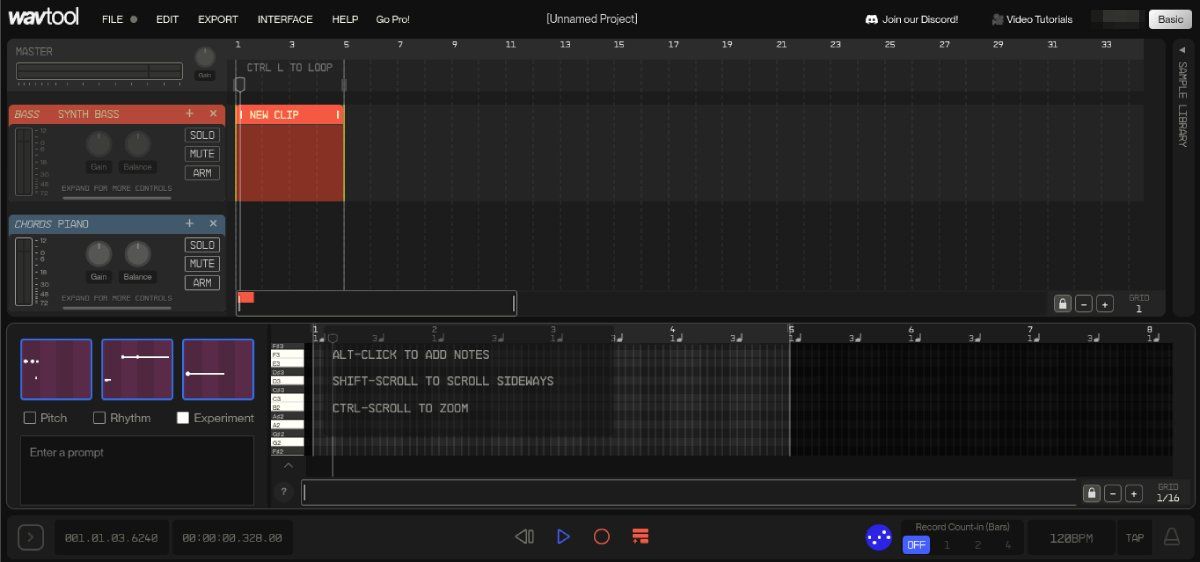 User interface of WavTool AI text-to-music generator