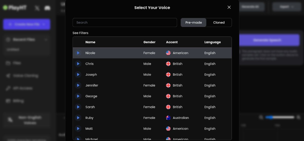 AI voices in PlayHT for generating AI text to speech voiceovers