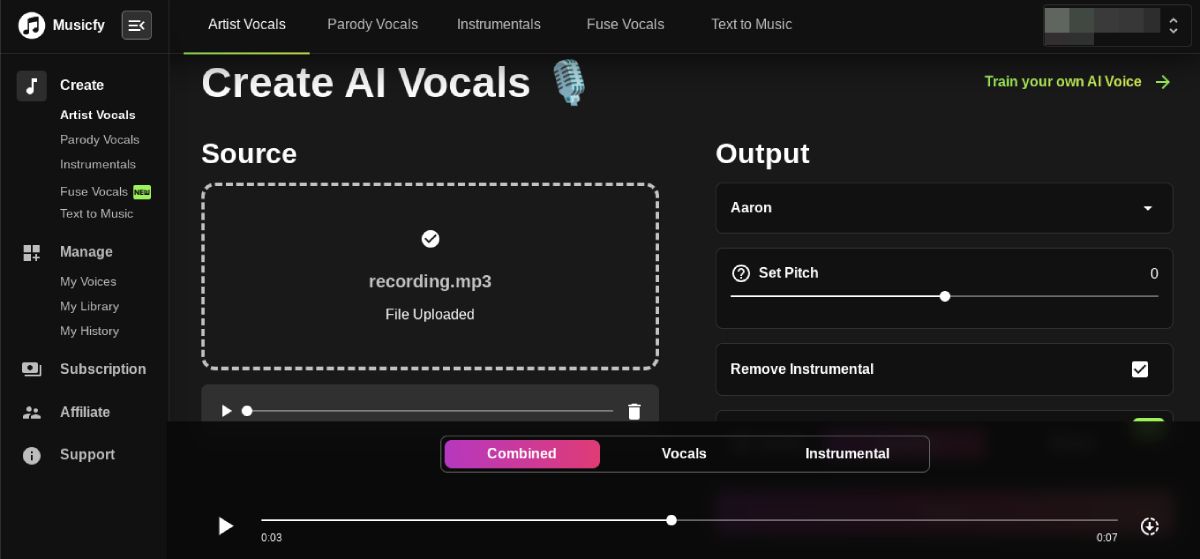 Generating AI singing voice using Musicfy