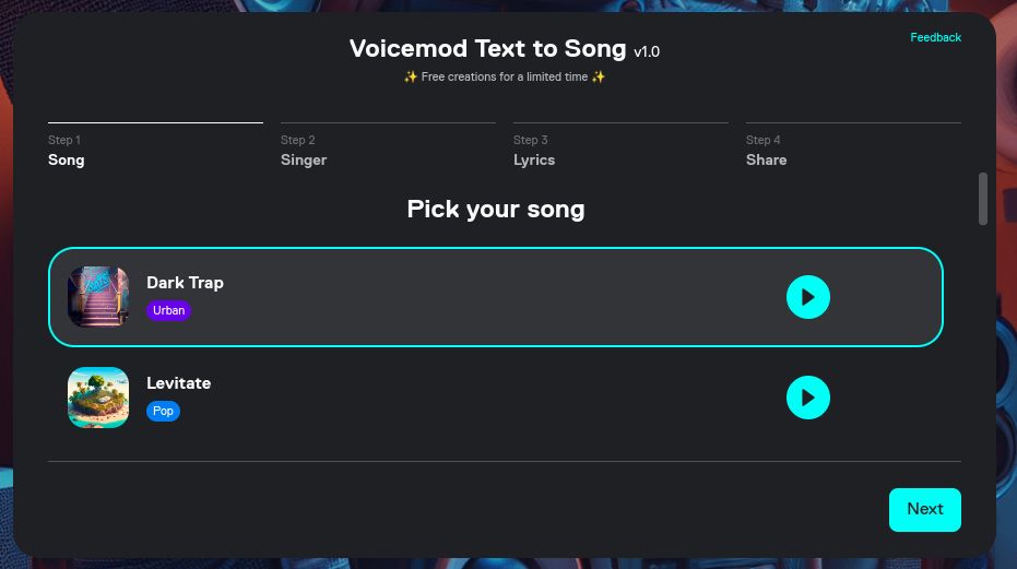 Generating text to AI singing voice using Voicemod