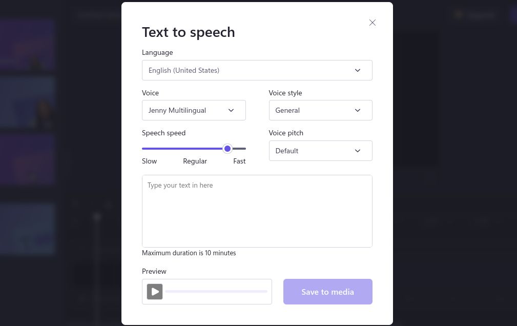Text to speech option in Clipchamp for generating AI voices