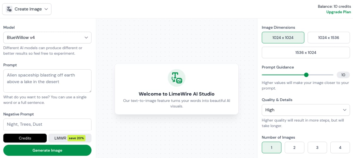 Interface of LimeWire AI Studio Image Creator