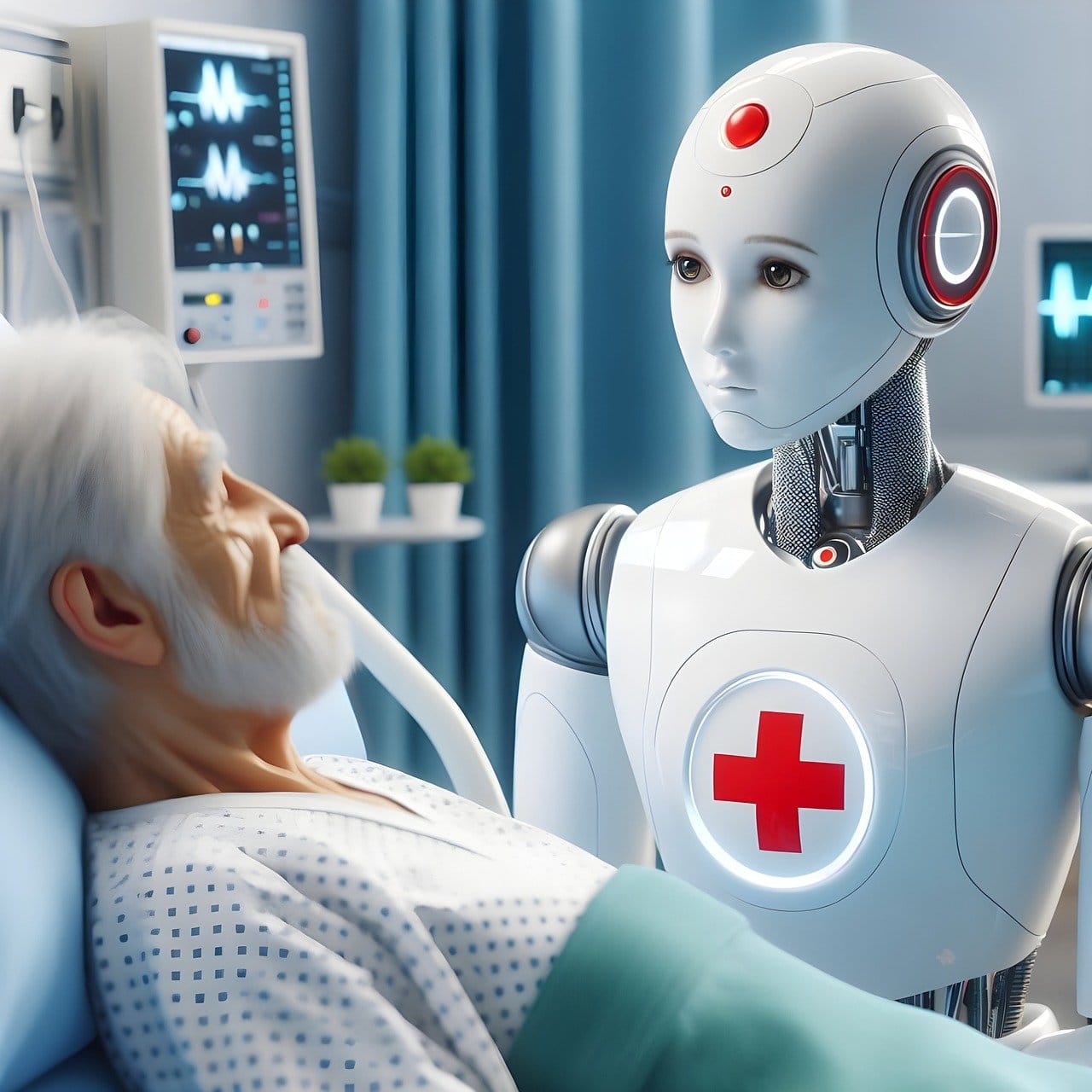 Friendly AI robot doctor with an old patient