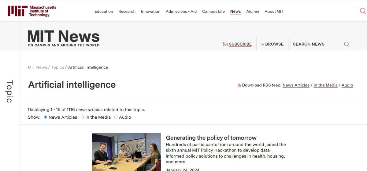 Screenshot of MIT News Blog About AI
