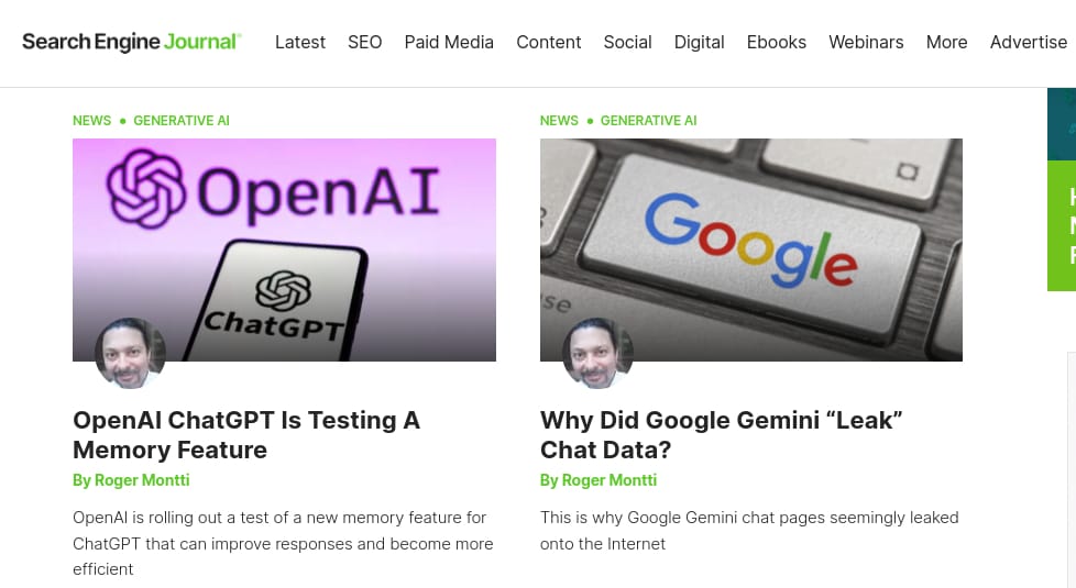 Screenshot of Search Engine Journal AI Blog Section