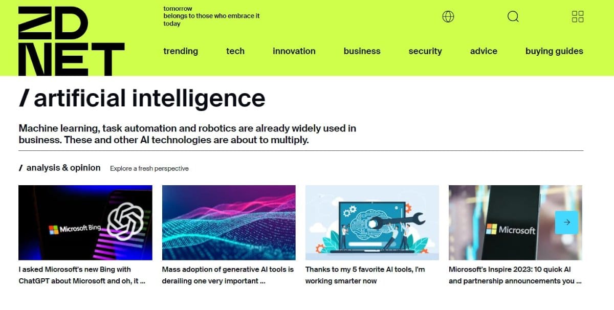 Screenshot of ZDNET AI Section of the Blog