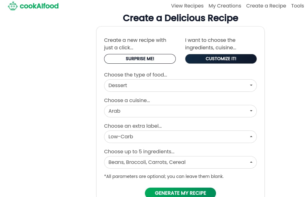 Using CookAIFood to generate AI recipes