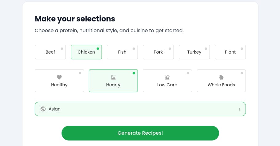 Using MealPractice to generate an AI recipe